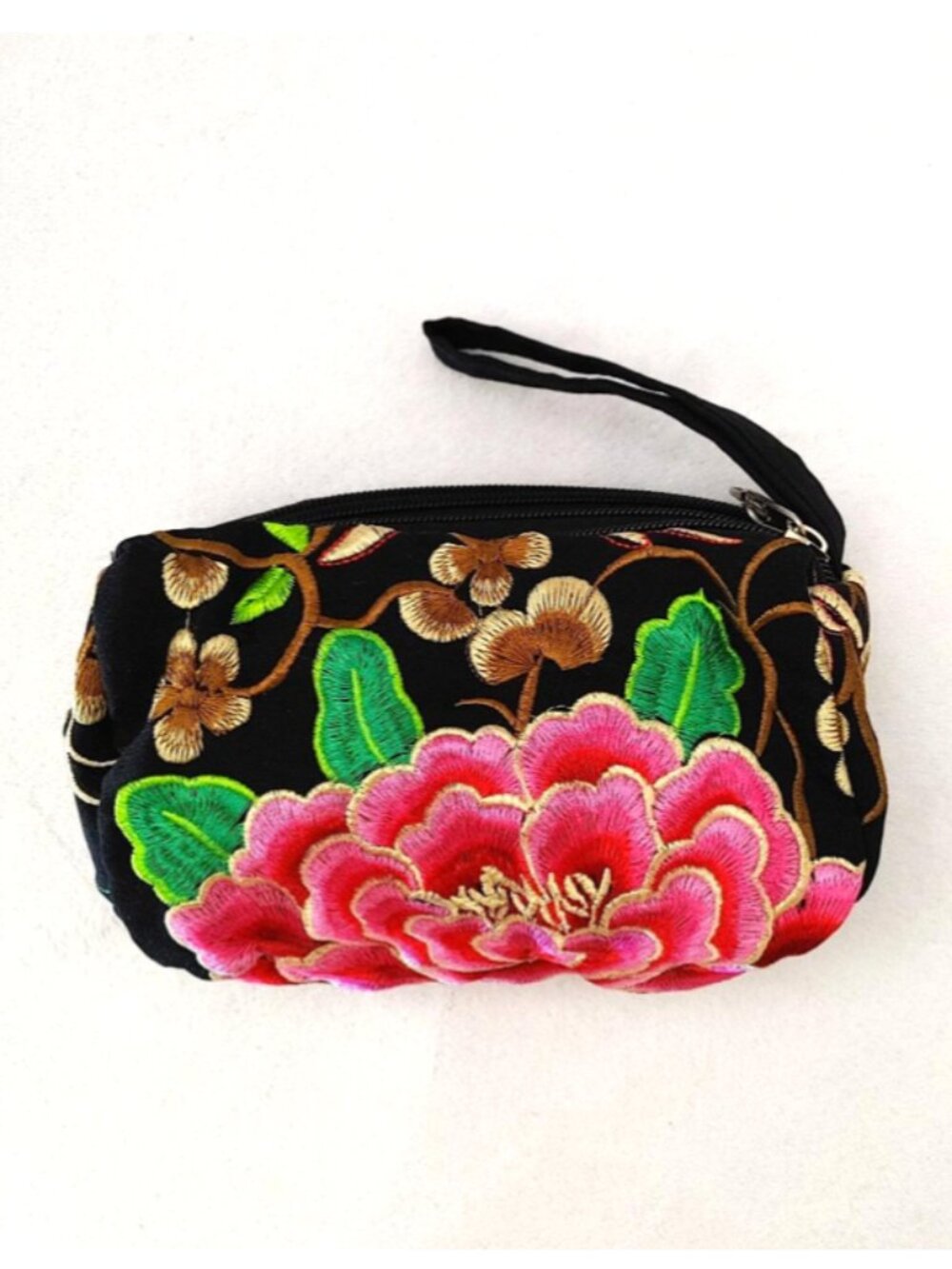 Embroidered Floral Fabric Wristlet Pouch Black Pink 3-Layer Zipper Wallet Lined
